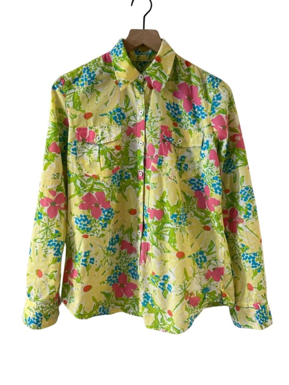 Lilly Pulitzer Yellow Floral Button-Up Camp Shirt with Pink & Blue